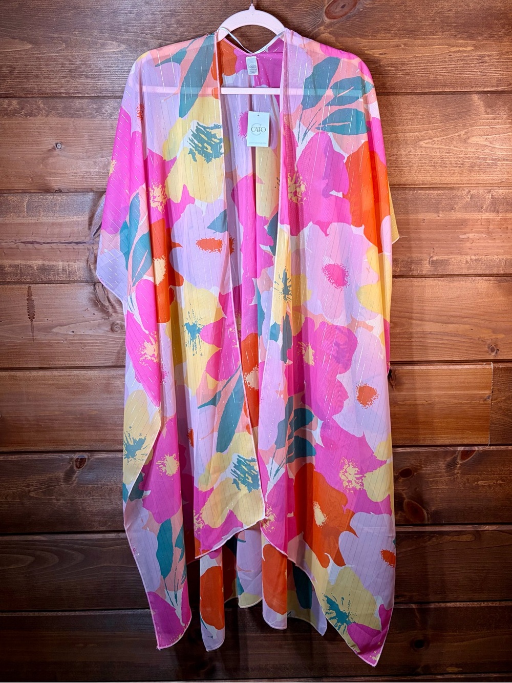 Cato Multicolor Floral Sheer Kimono - Pink, Yellow & Teal Accents